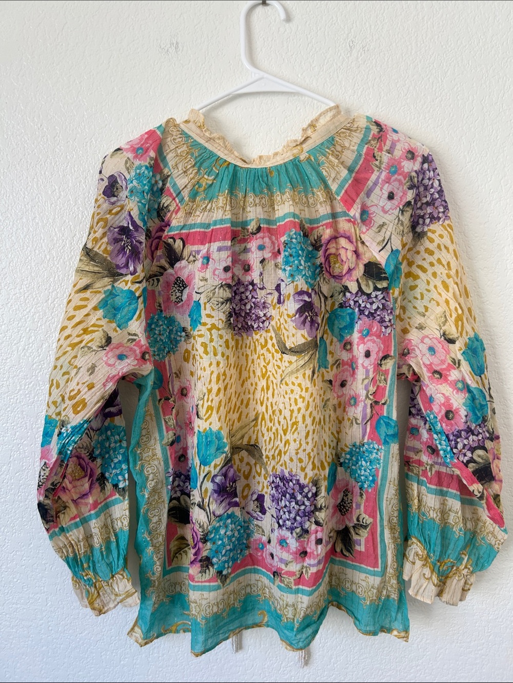 Boho Floral Patchwork Peasant Blouse in Teal, Yellow & Pink - Picture 8 of 11